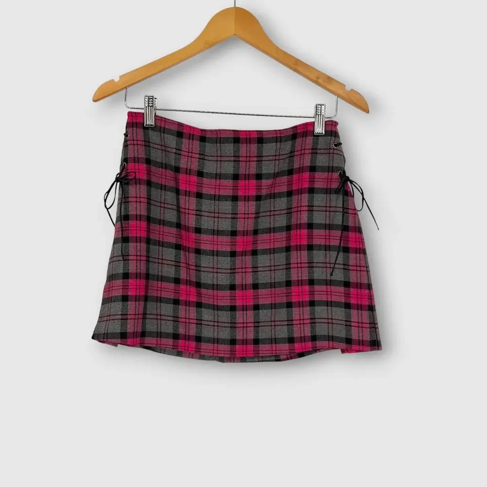 Y2k Vintage Lux Pink Plaid Mini Skirt Lace-Up Sides Size 5